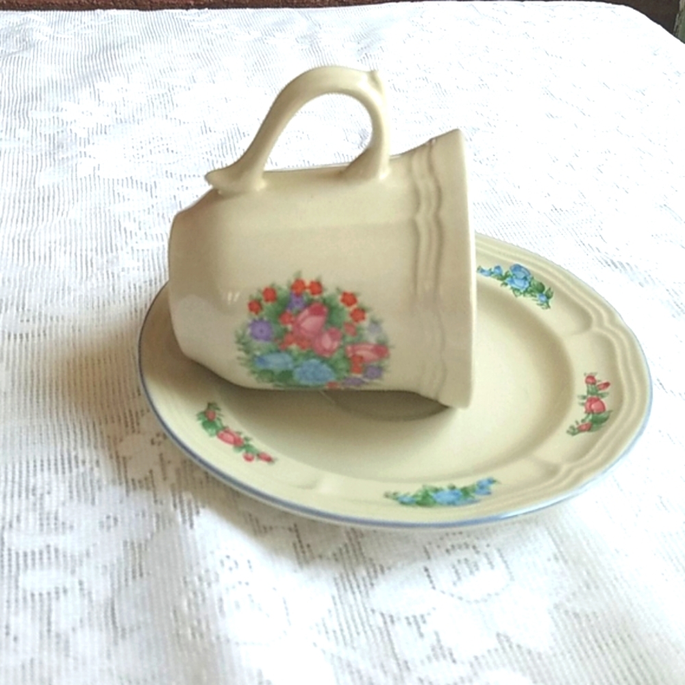 Bird Feeder Blue Floral and Tan Teacup and Saucer w/Small Bag of Birdseed